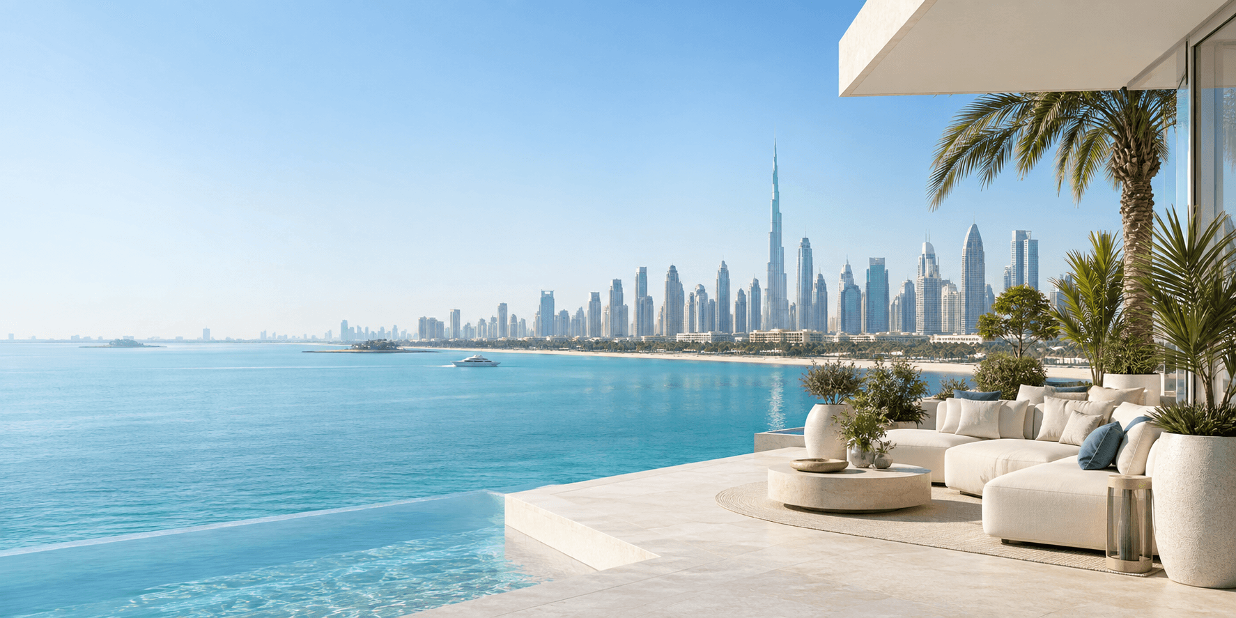 Concept image of a bright Dubai-inspired waterfront terrace, skyline and turquoise water