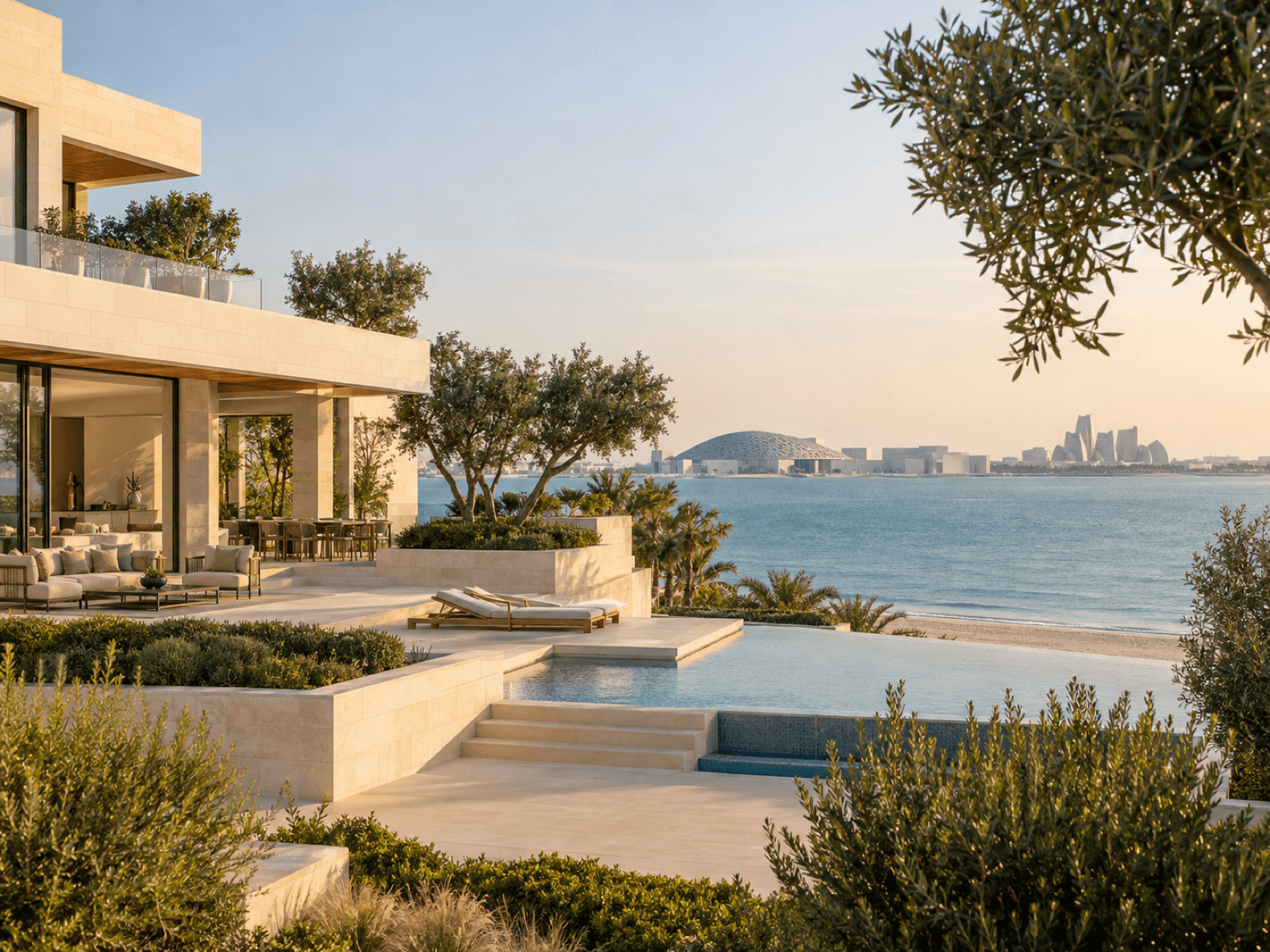 Abu Dhabi real estate setting, landscape and architecture in daylight