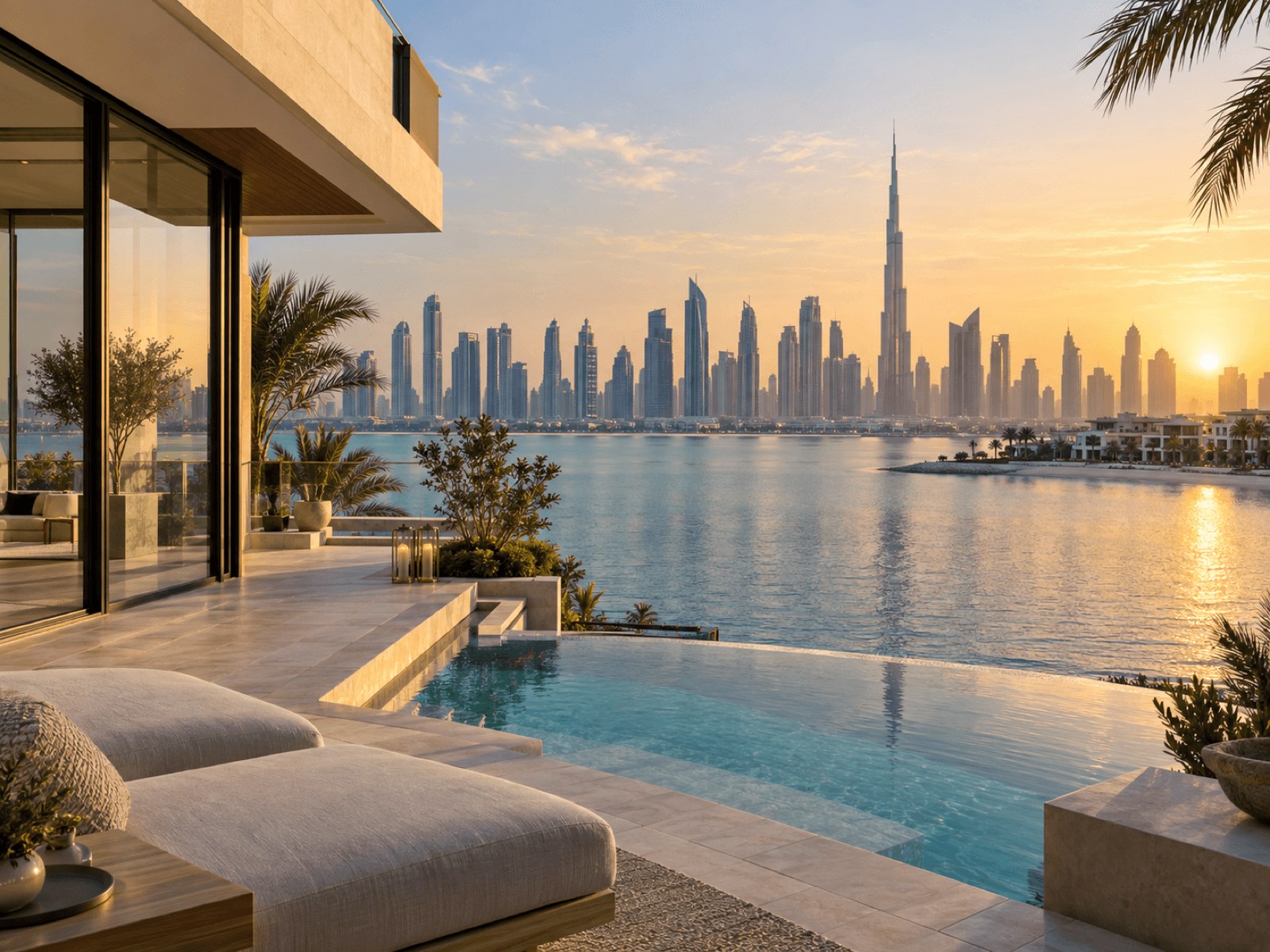 Dubai real estate setting, landscape and architecture in daylight