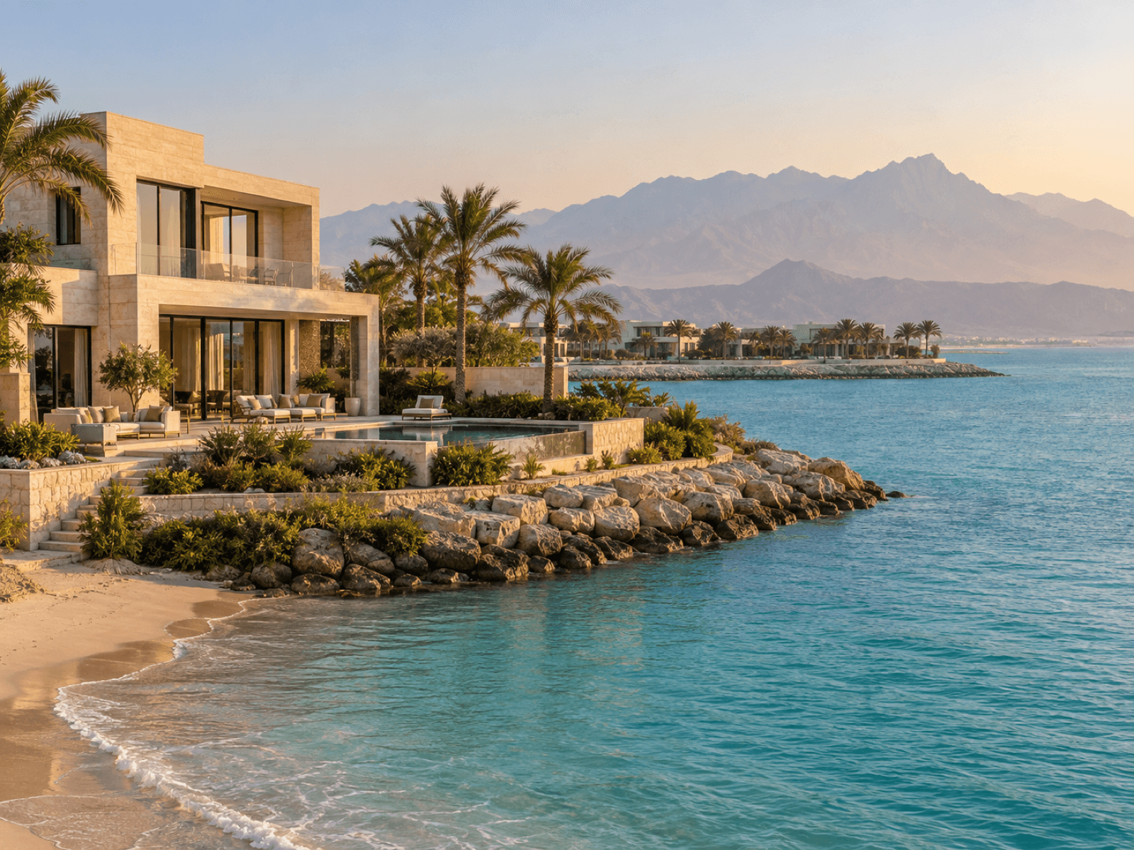 Ras Al Khaimah real estate setting, landscape and architecture in daylight